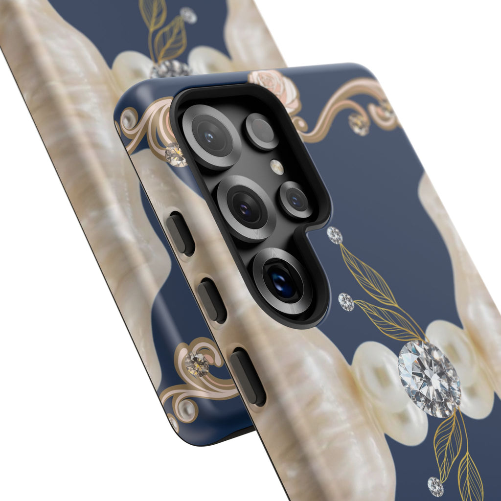 Navy Pearl & Diamond Phone Case — Elegant Floral Baroque Tough Case