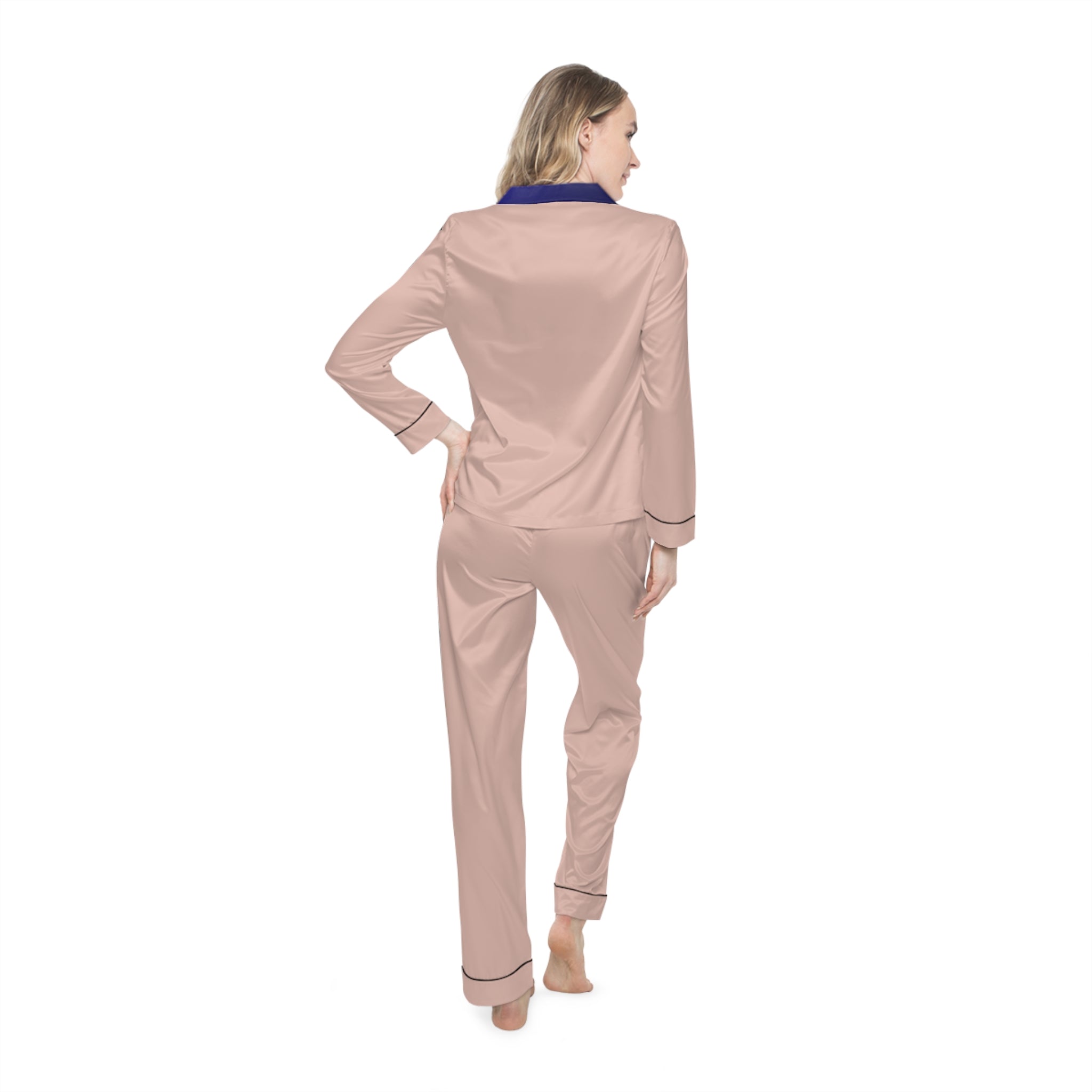 Women's Satin Pajama Set - Blush Pink with Navy Trim (Silky Loungewear)