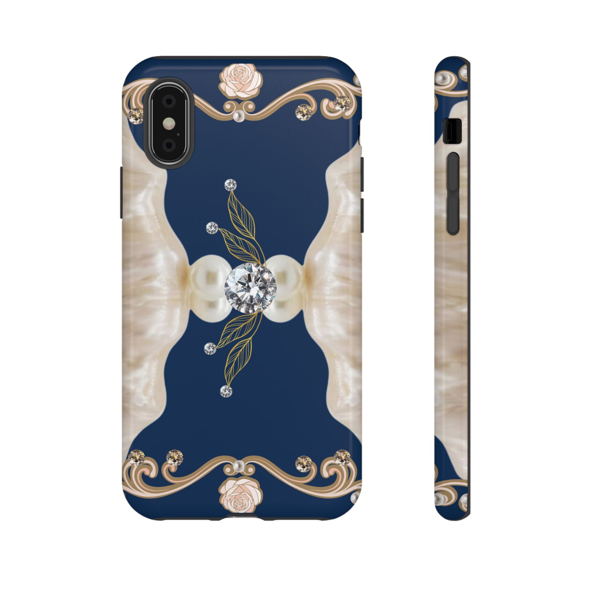 Navy Pearl & Diamond Phone Case — Elegant Floral Baroque Tough Case