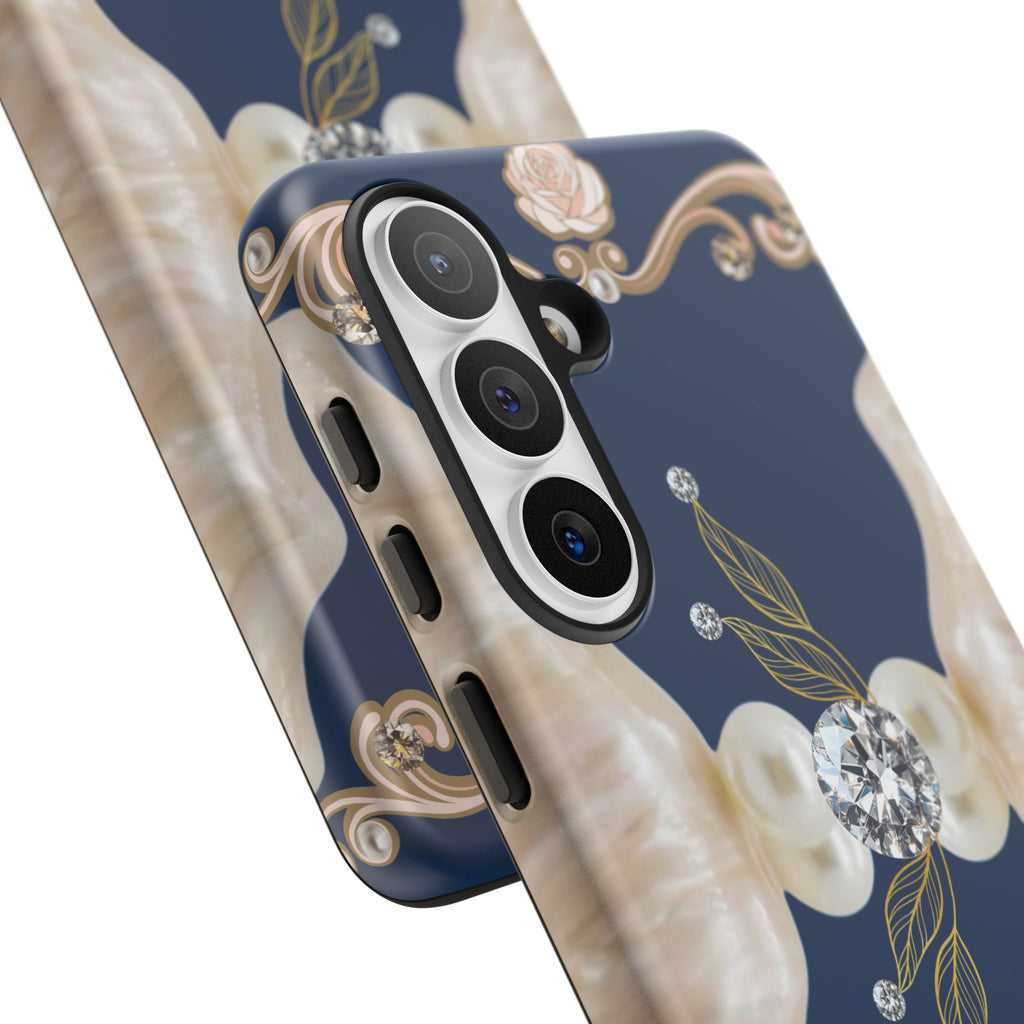 Navy Pearl & Diamond Phone Case — Elegant Floral Baroque Tough Case