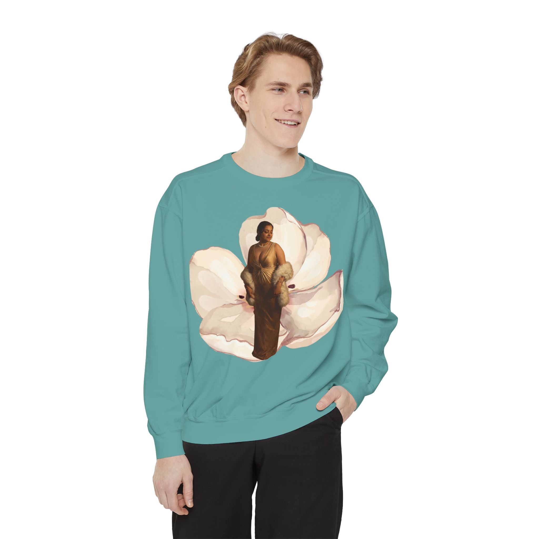 Floral Portrait Sweatshirt — Vintage Gold Frame Art Crewneck