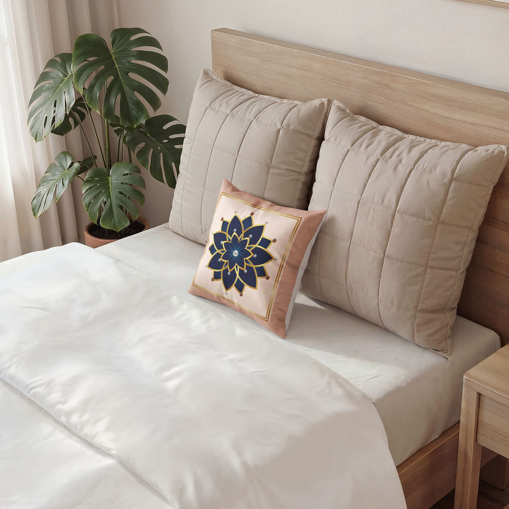 Velvet Lotus Decorative Pillow — Navy & Gold Floral Accent
