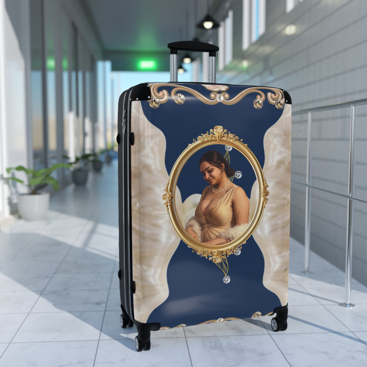 Drashti Navy Suitcase — Elegant Travel Carry-On with Pearl and Diamond Motif