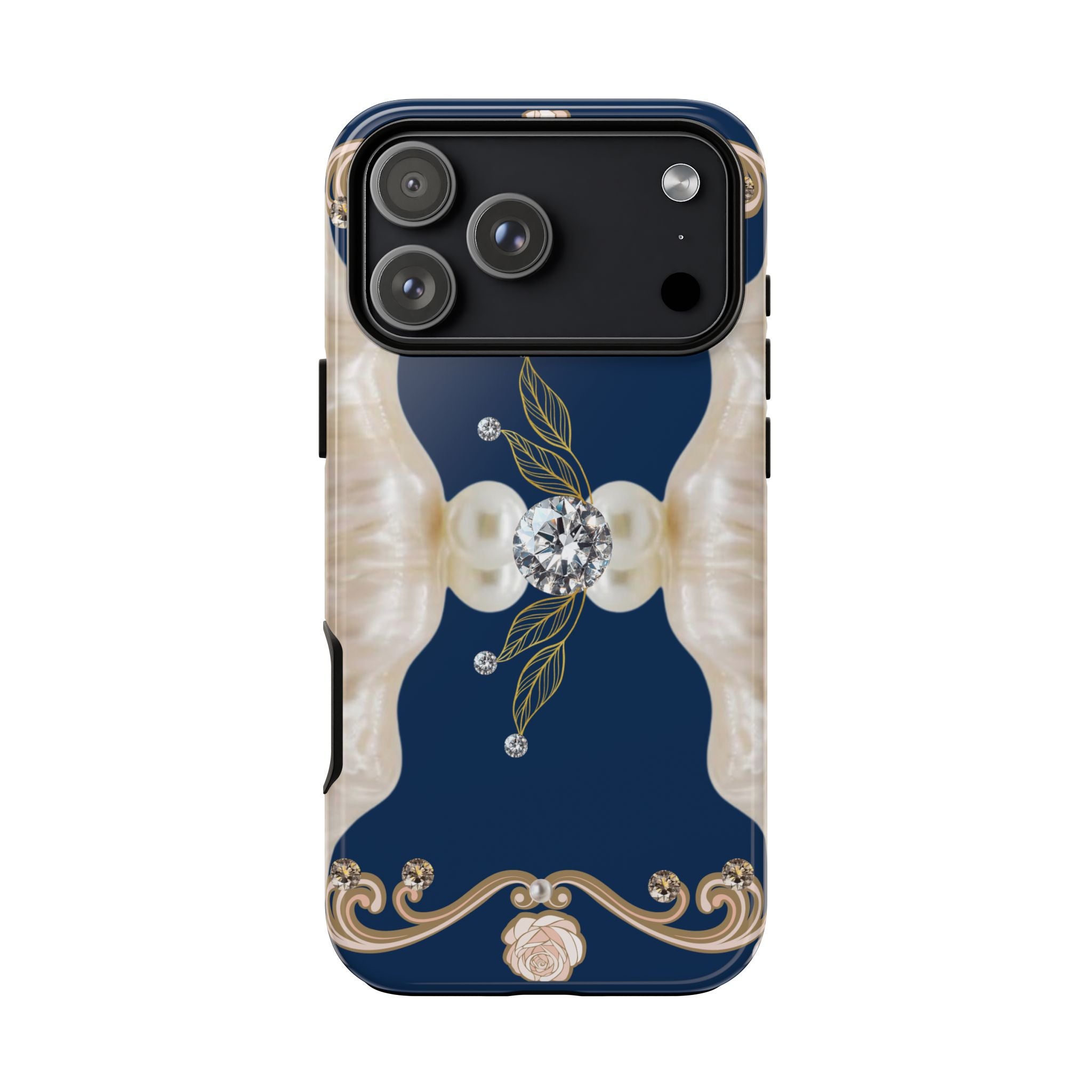 Navy Pearl & Diamond Phone Case — Elegant Floral Baroque Tough Case