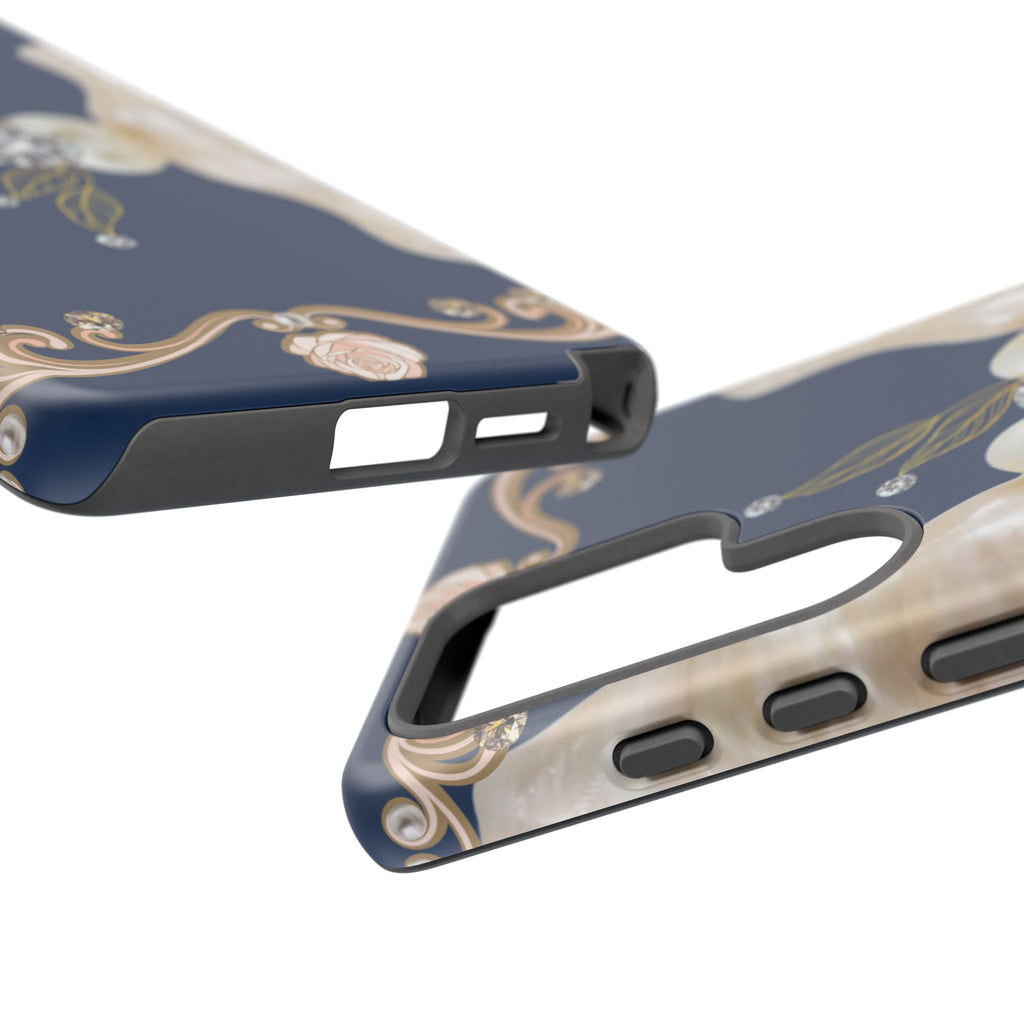 Navy Pearl & Diamond Phone Case — Elegant Floral Baroque Tough Case