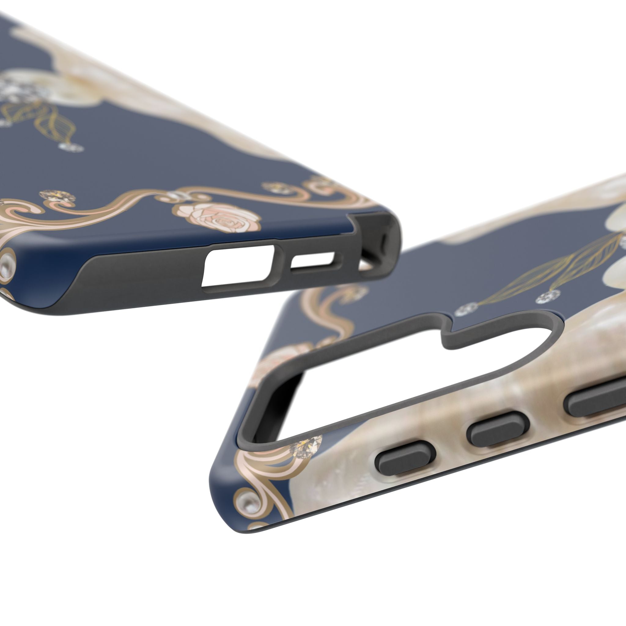 Navy Pearl & Diamond Phone Case — Elegant Floral Baroque Tough Case