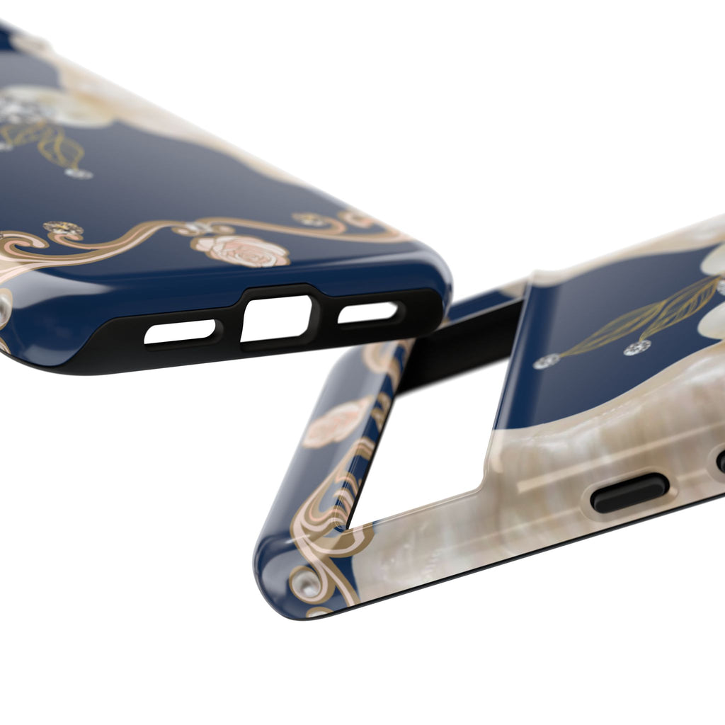 Navy Pearl & Diamond Phone Case — Elegant Floral Baroque Tough Case