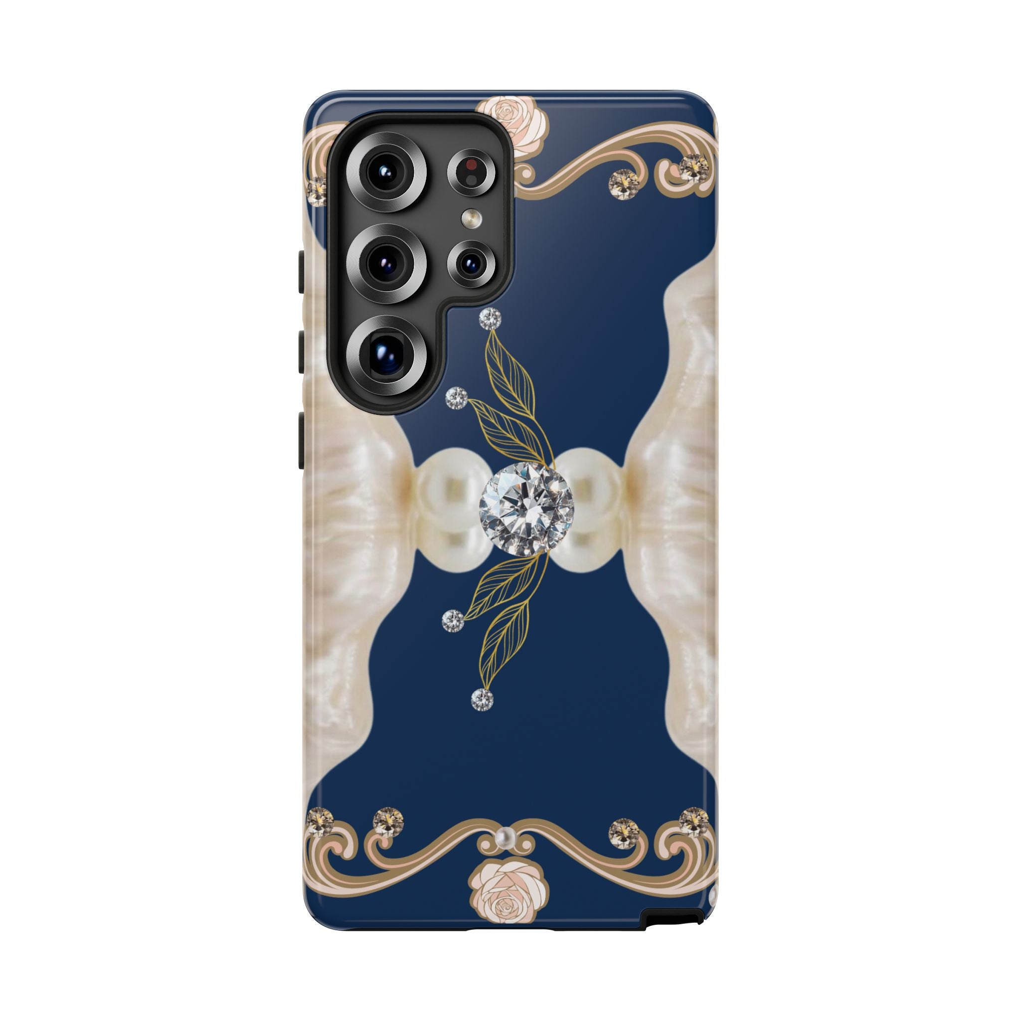 Navy Pearl & Diamond Phone Case — Elegant Floral Baroque Tough Case