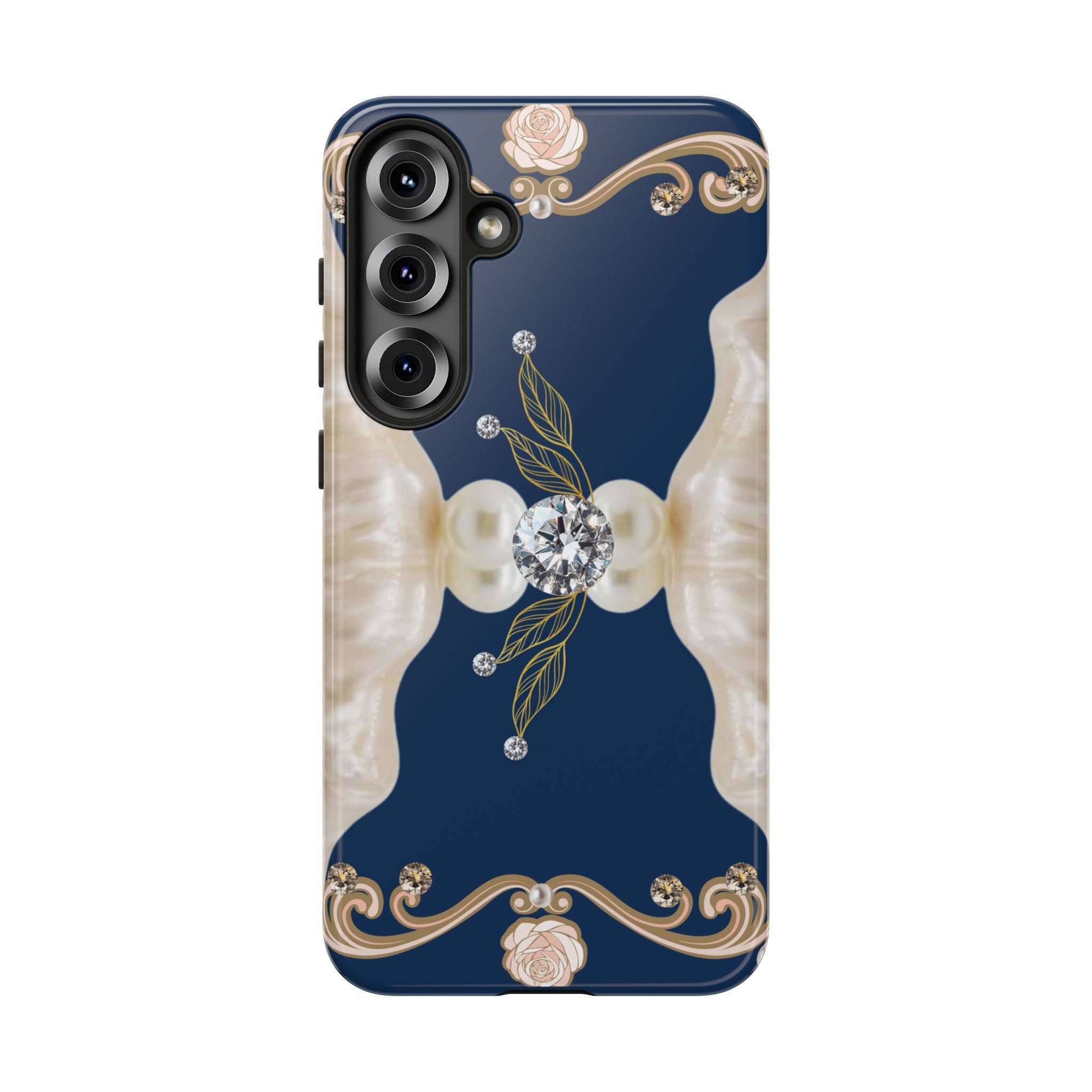 Navy Pearl & Diamond Phone Case — Elegant Floral Baroque Tough Case