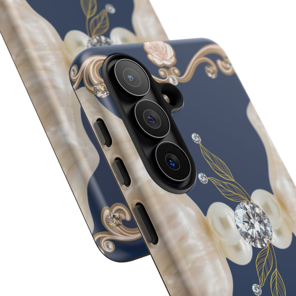 Navy Pearl & Diamond Phone Case — Elegant Floral Baroque Tough Case