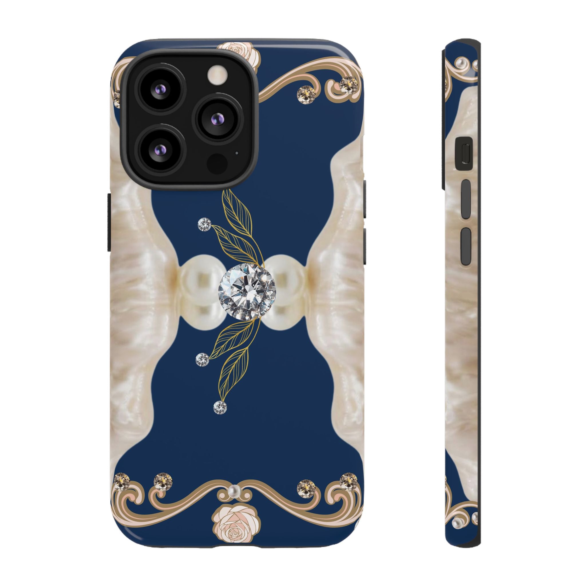 Navy Pearl & Diamond Phone Case — Elegant Floral Baroque Tough Case