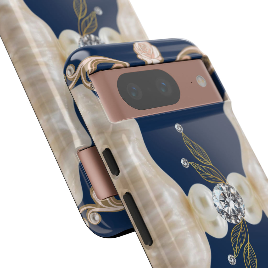 Navy Pearl & Diamond Phone Case — Elegant Floral Baroque Tough Case