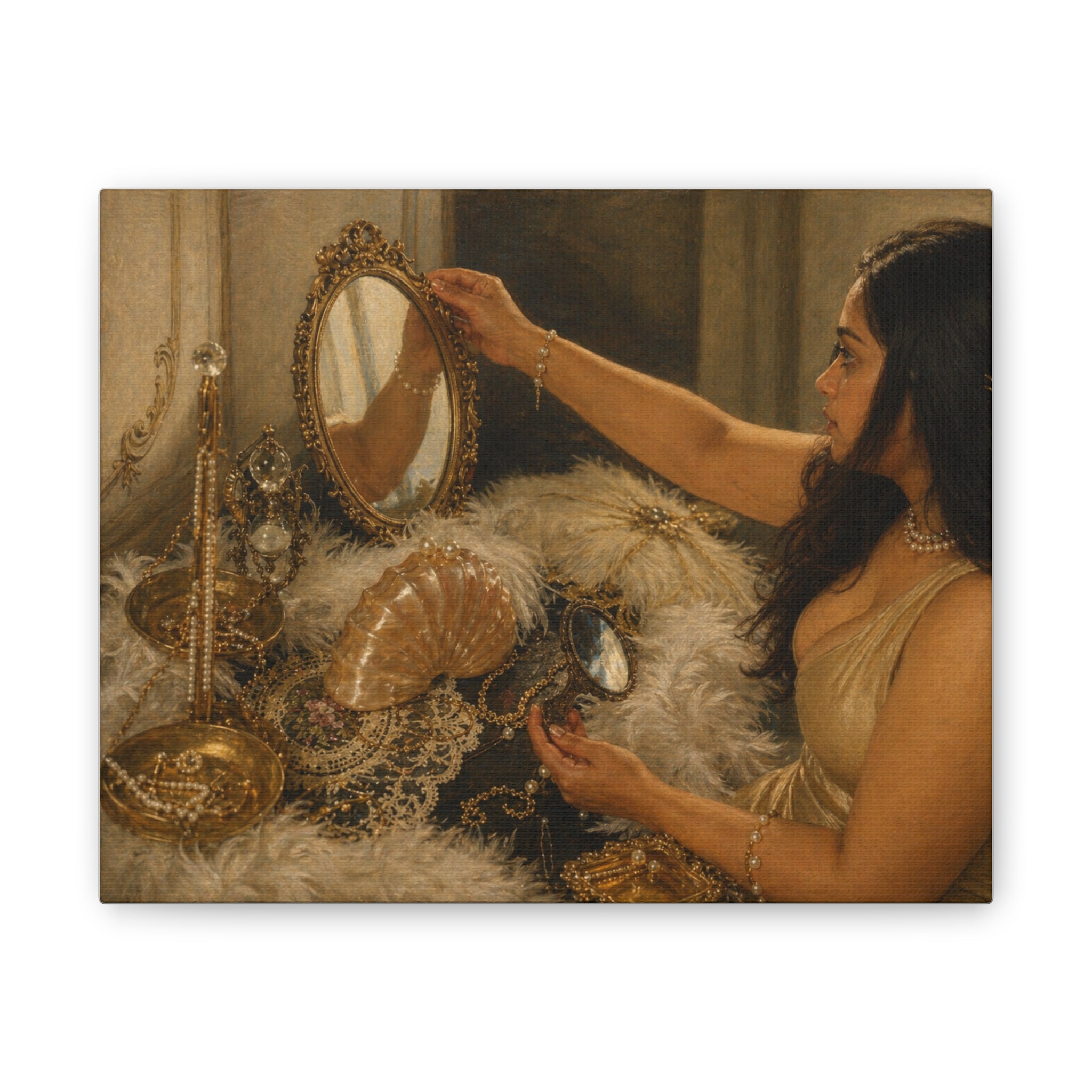 Vintage Vanity Art Print Canvas — Woman at Mirror Stretched Canvas Wall Art