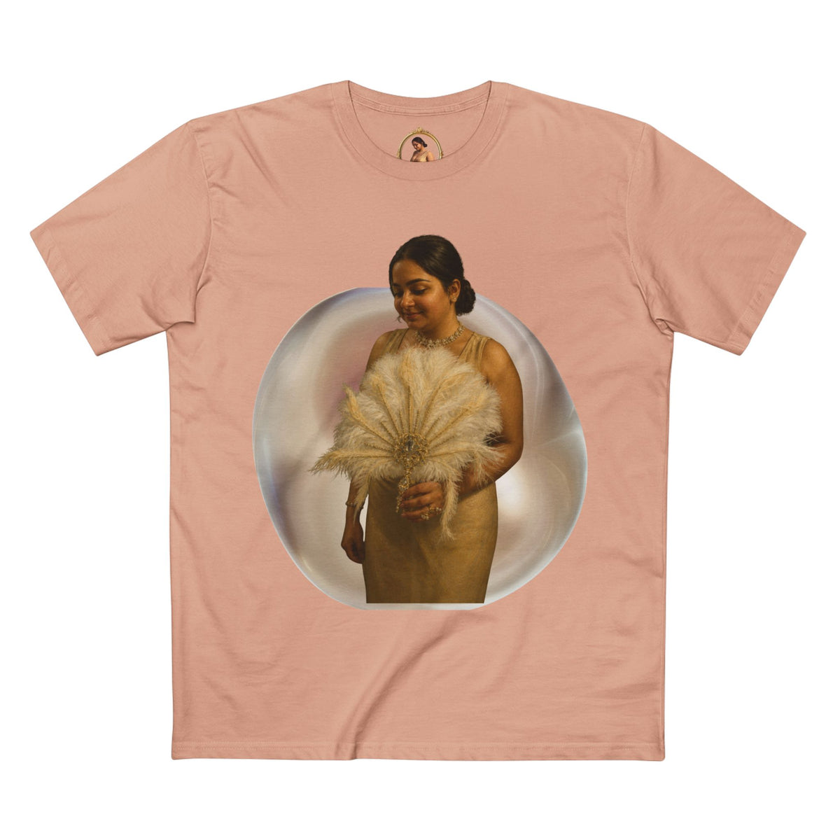 Drashti T‑Shirt — Vintage Portrait Bubble with 'We Will Be Home' Script
