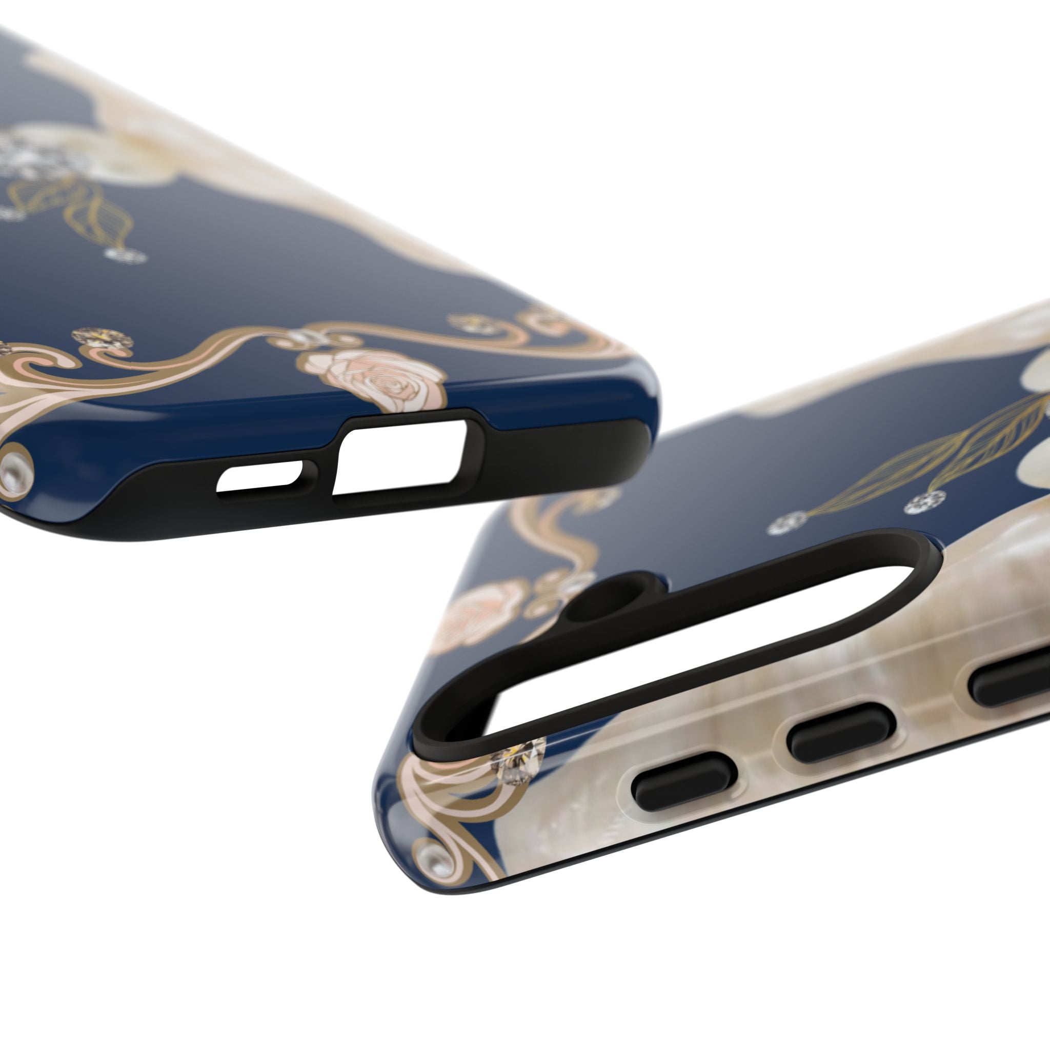 Navy Pearl & Diamond Phone Case — Elegant Floral Baroque Tough Case