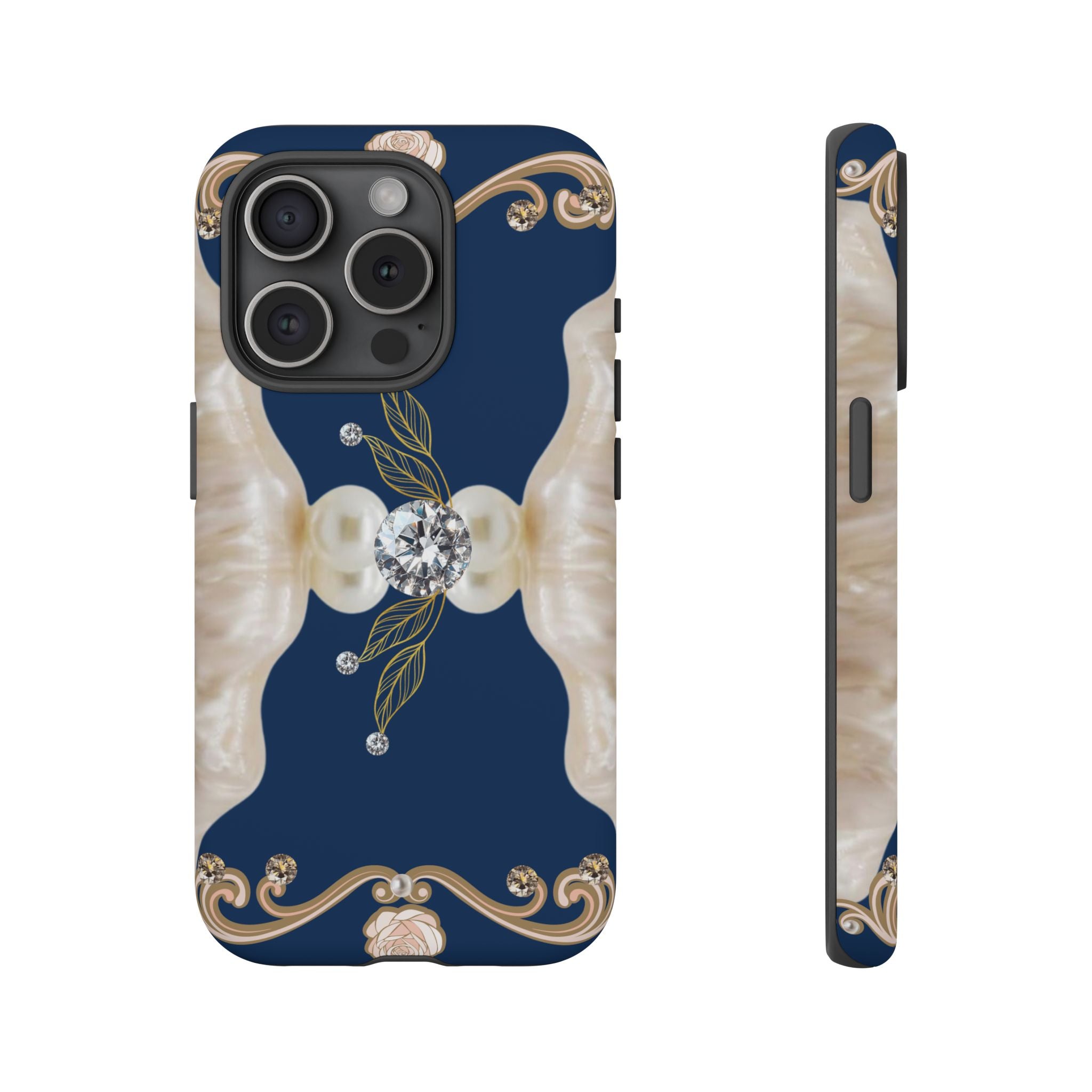 Navy Pearl & Diamond Phone Case — Elegant Floral Baroque Tough Case