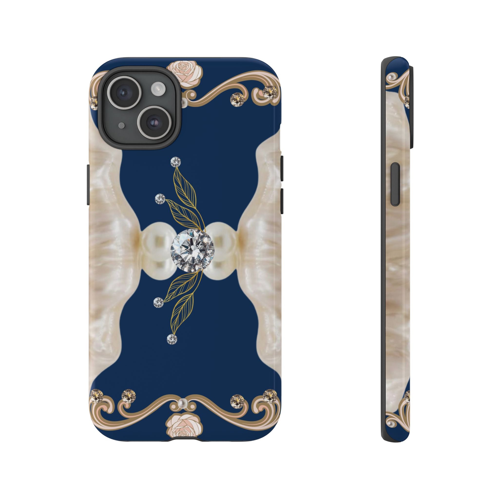Navy Pearl & Diamond Phone Case — Elegant Floral Baroque Tough Case