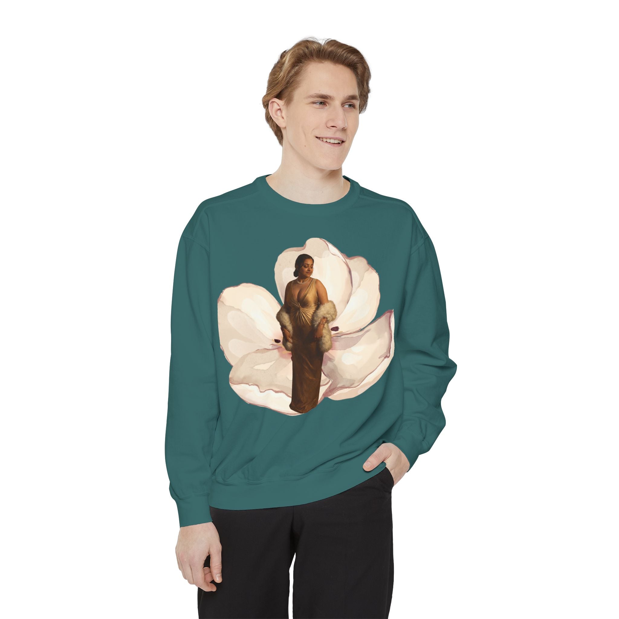 Floral Portrait Sweatshirt — Vintage Gold Frame Art Crewneck