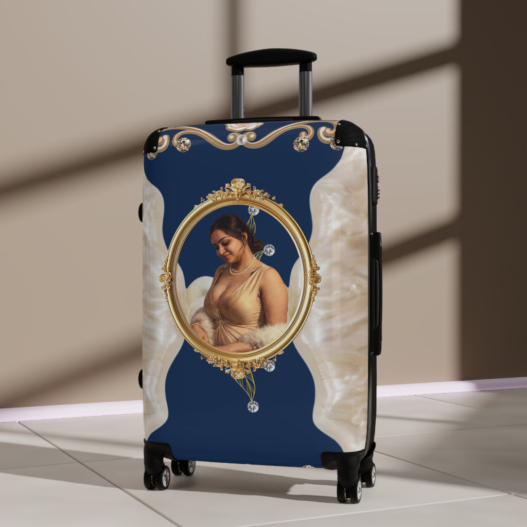 Drashti Navy Suitcase — Elegant Travel Carry-On with Pearl and Diamond Motif