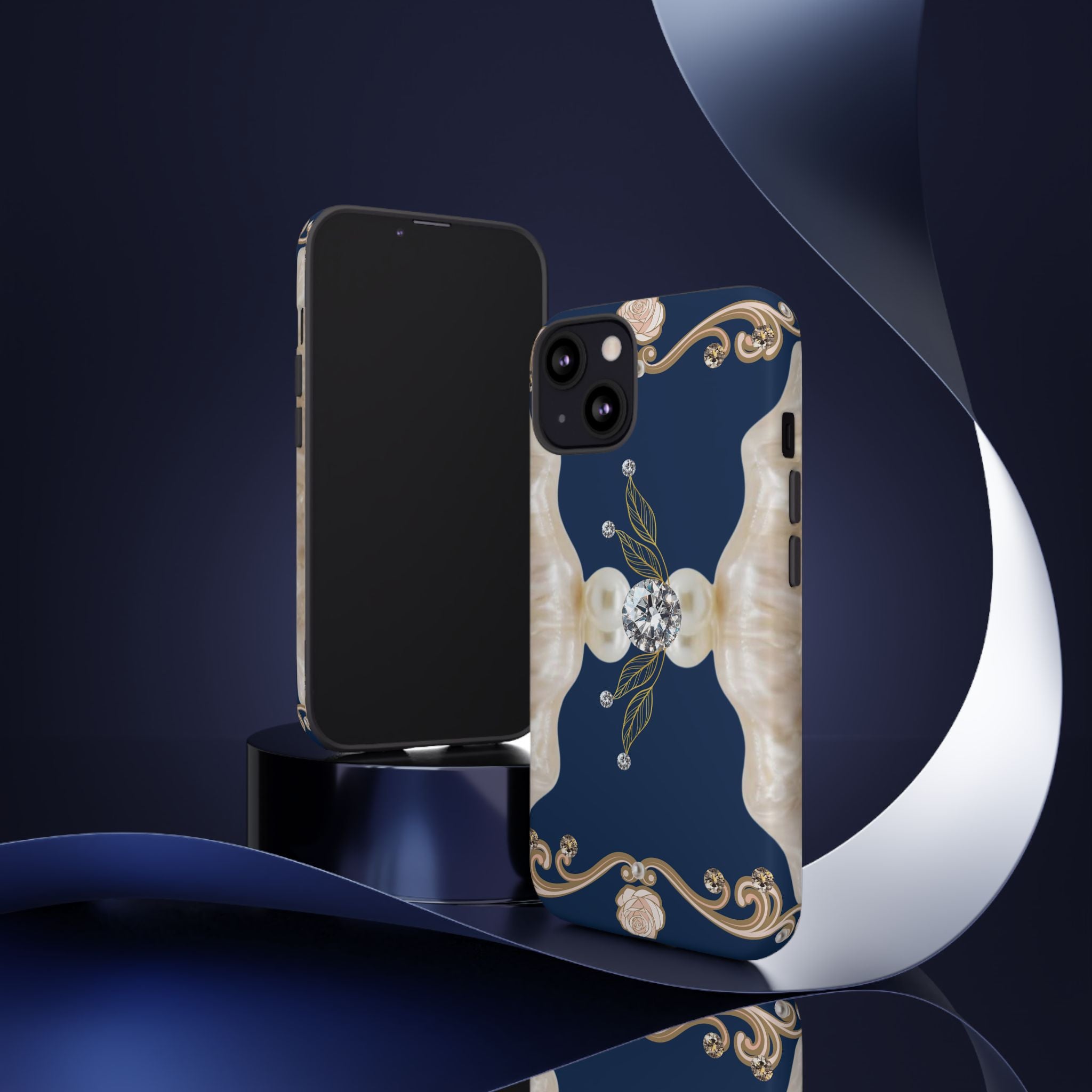 Navy Pearl & Diamond Phone Case — Elegant Floral Baroque Tough Case