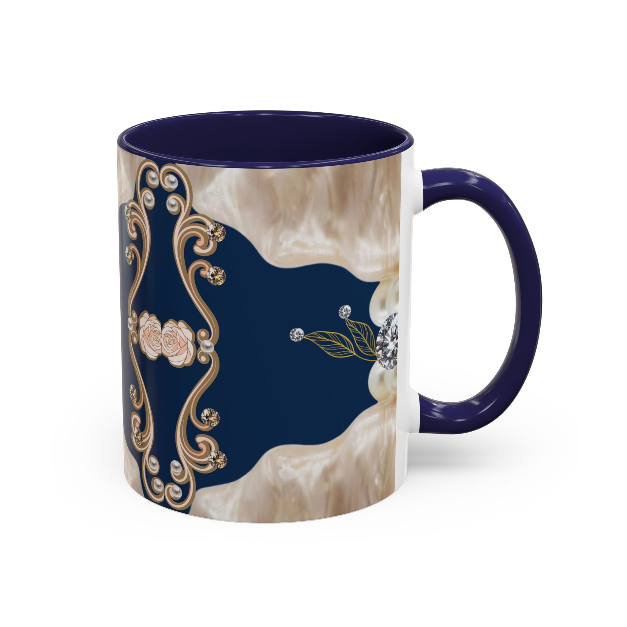 Elegant Navy Pearl Accent Coffee Mug - Vintage Baroque Floral Design (11/15oz)