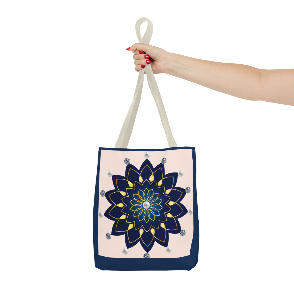 Mandala Floral Tote Bag — Navy 'Love, [Signature]' All-Over Print