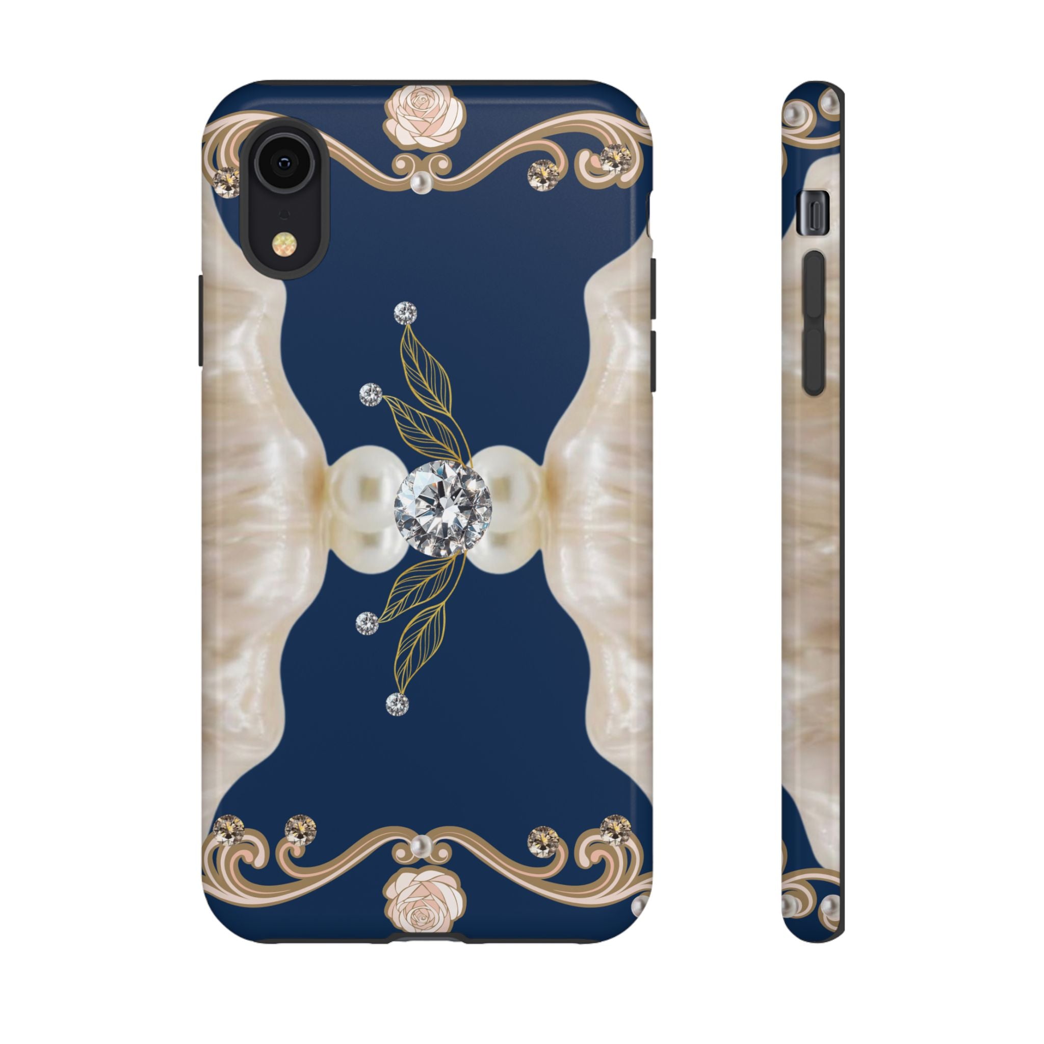 Navy Pearl & Diamond Phone Case — Elegant Floral Baroque Tough Case