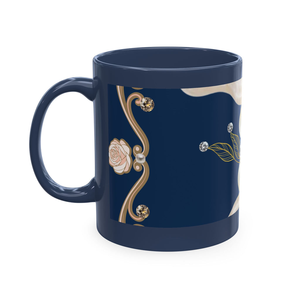 Pearl & Diamond Navy Ceramic Mug — Elegant Vintage Jewelry Design