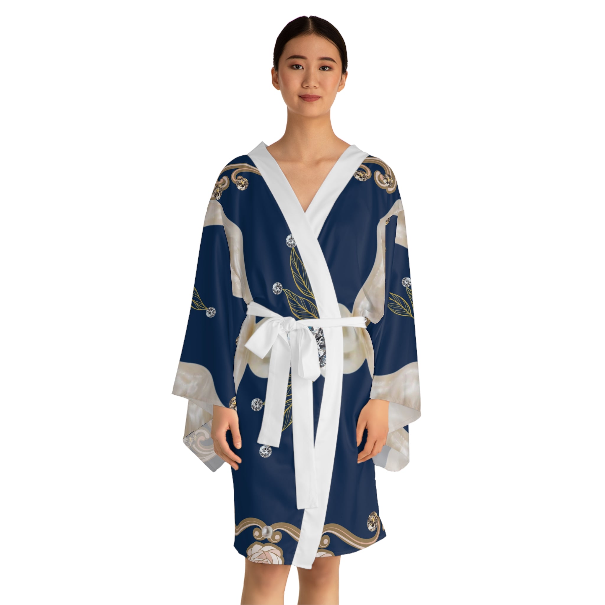 Silk-Style Navy Pearl & Diamond Kimono Robe — Luxe Floral Jewel Print