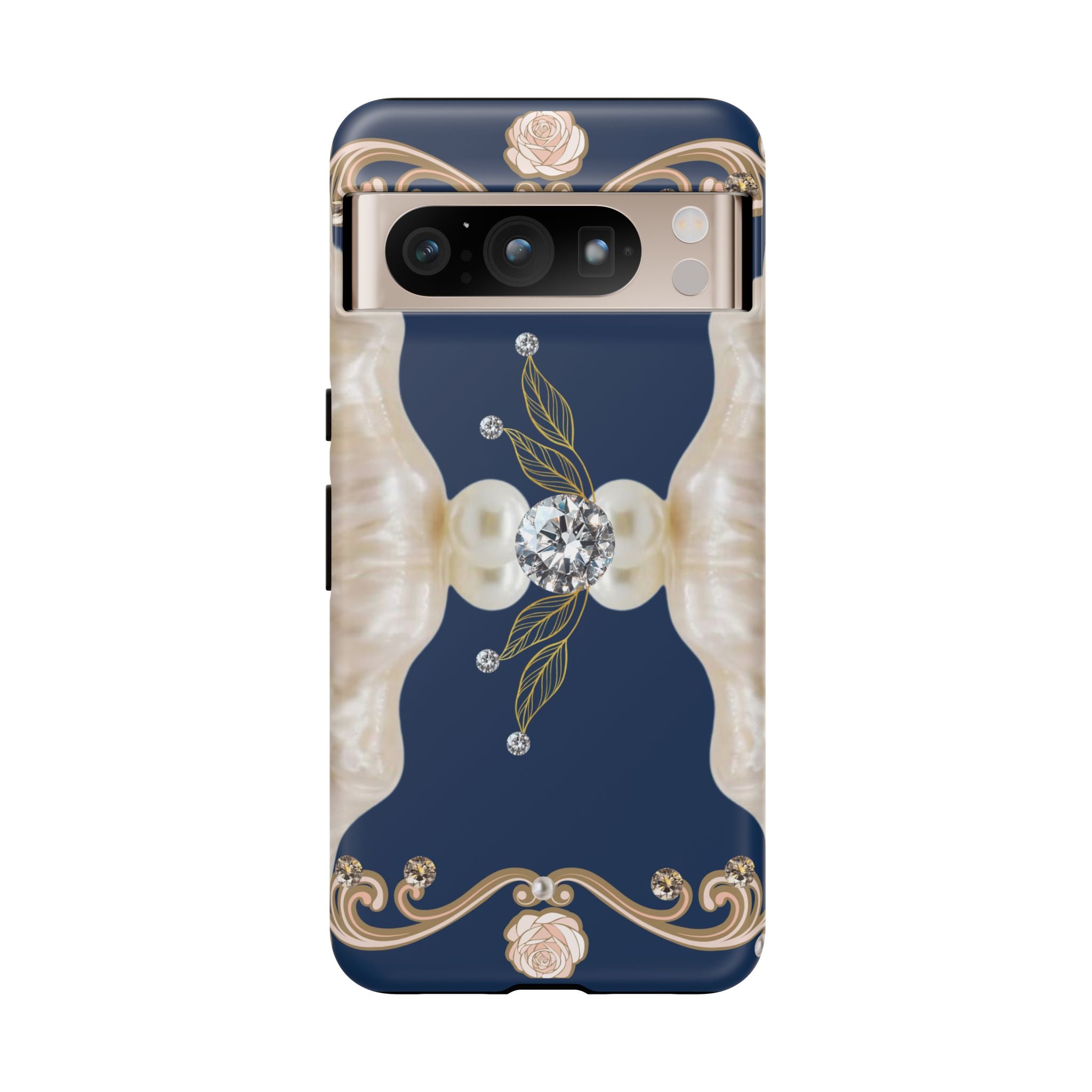 Navy Pearl & Diamond Phone Case — Elegant Floral Baroque Tough Case