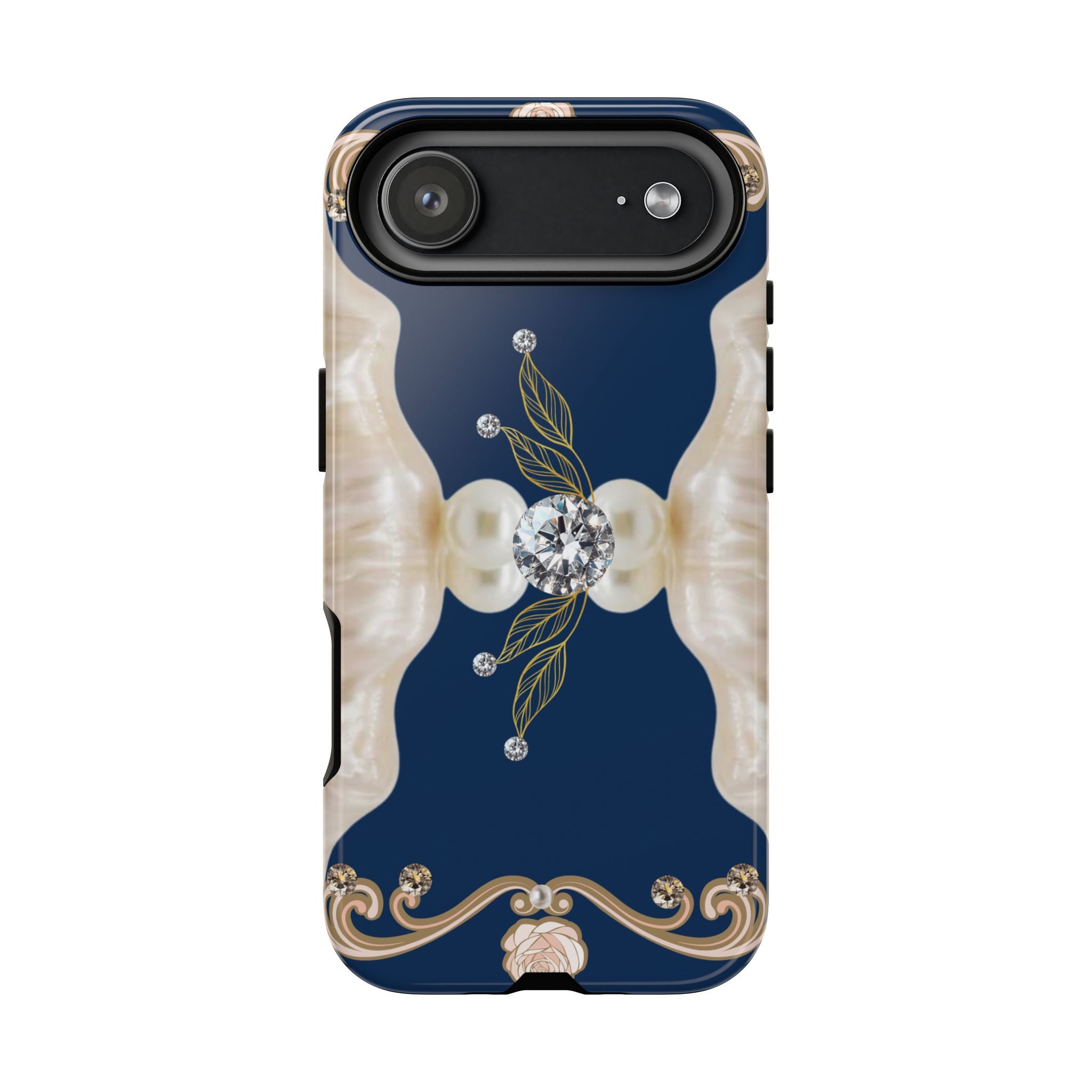 Navy Pearl & Diamond Phone Case — Elegant Floral Baroque Tough Case
