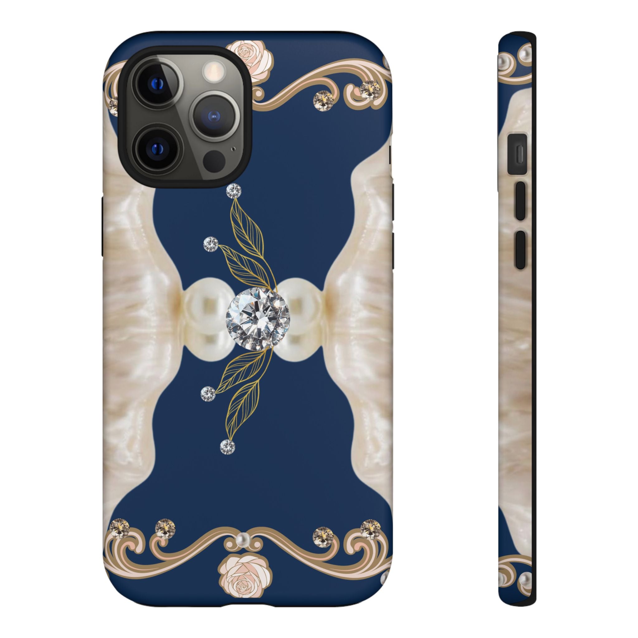Navy Pearl & Diamond Phone Case — Elegant Floral Baroque Tough Case