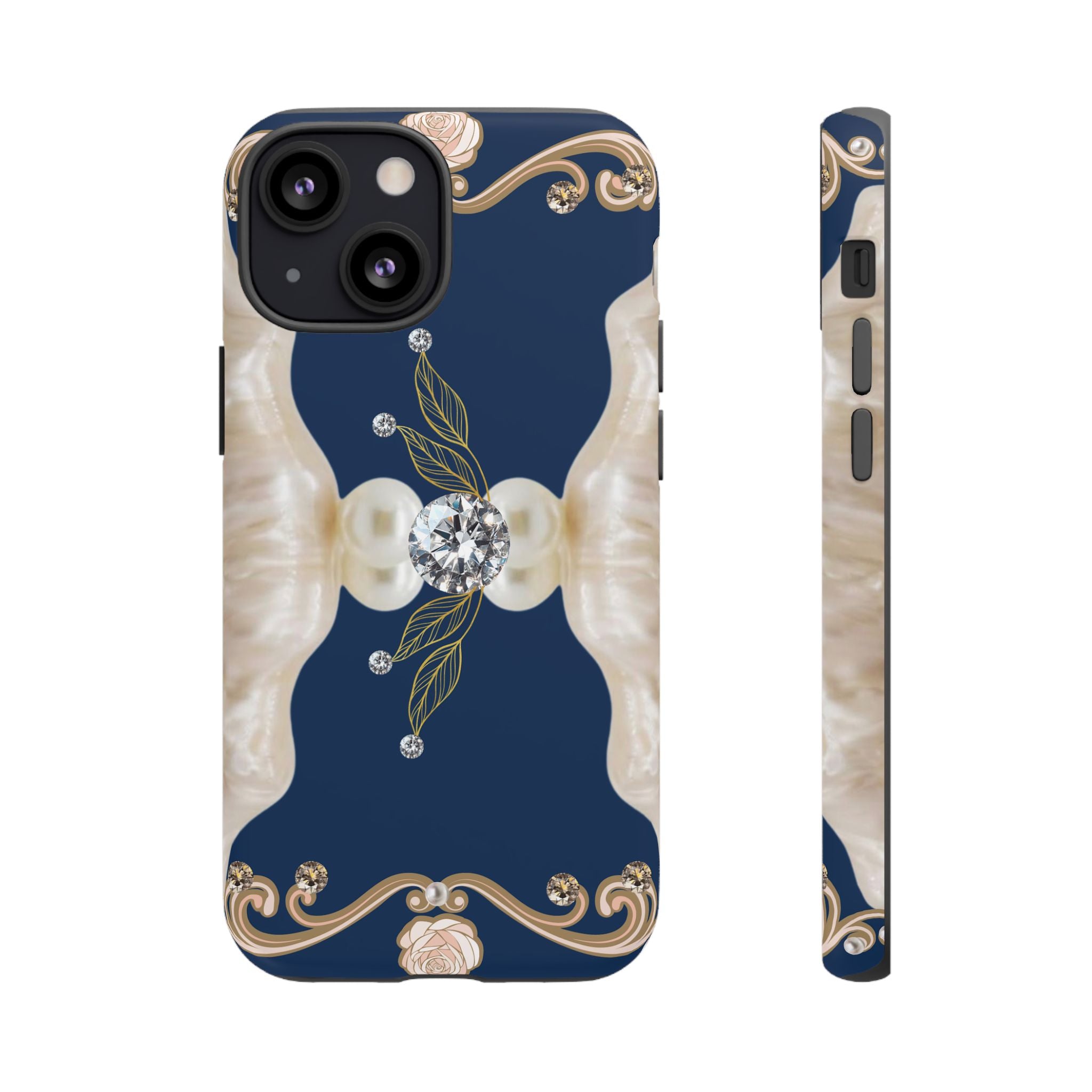 Navy Pearl & Diamond Phone Case — Elegant Floral Baroque Tough Case