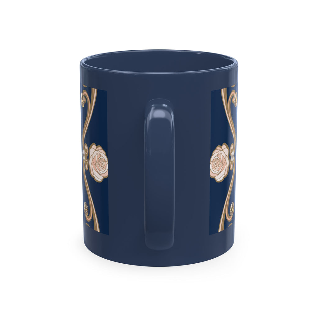 Pearl & Diamond Navy Ceramic Mug — Elegant Vintage Jewelry Design