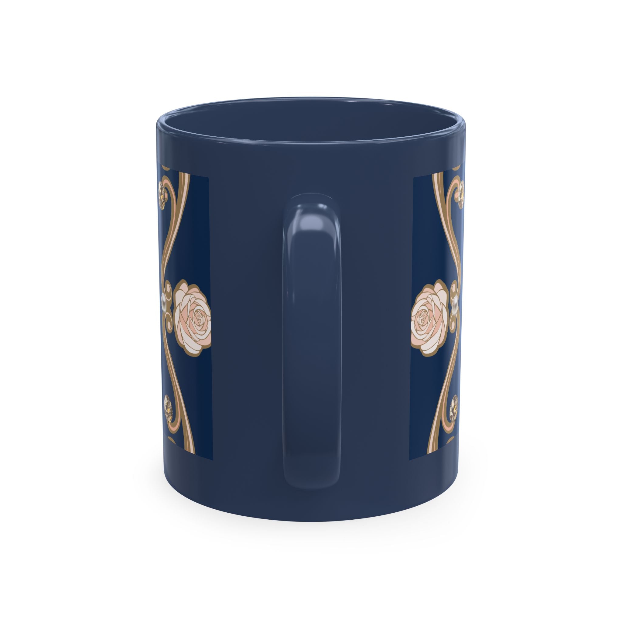 Pearl & Diamond Navy Ceramic Mug — Elegant Vintage Jewelry Design
