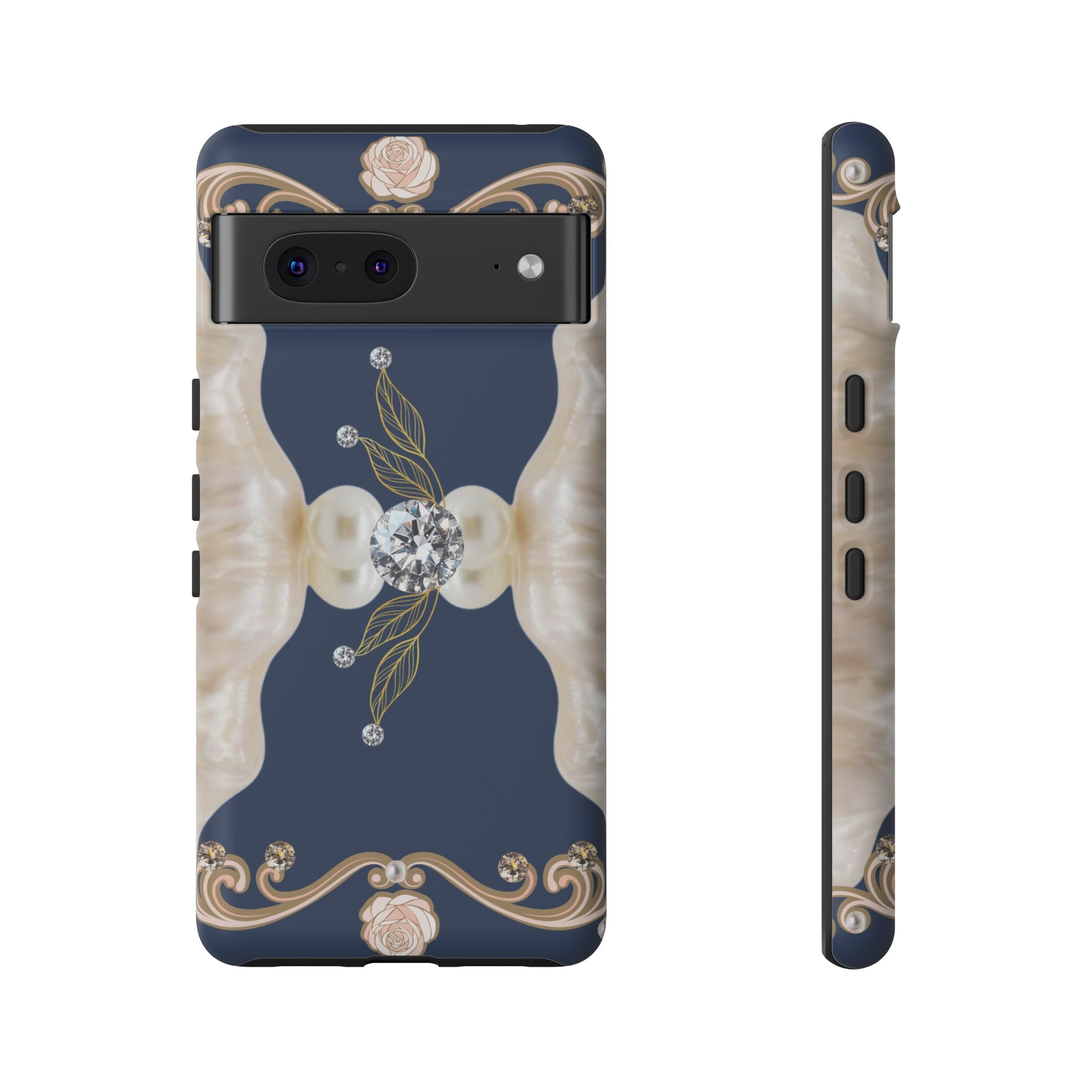 Navy Pearl & Diamond Phone Case — Elegant Floral Baroque Tough Case