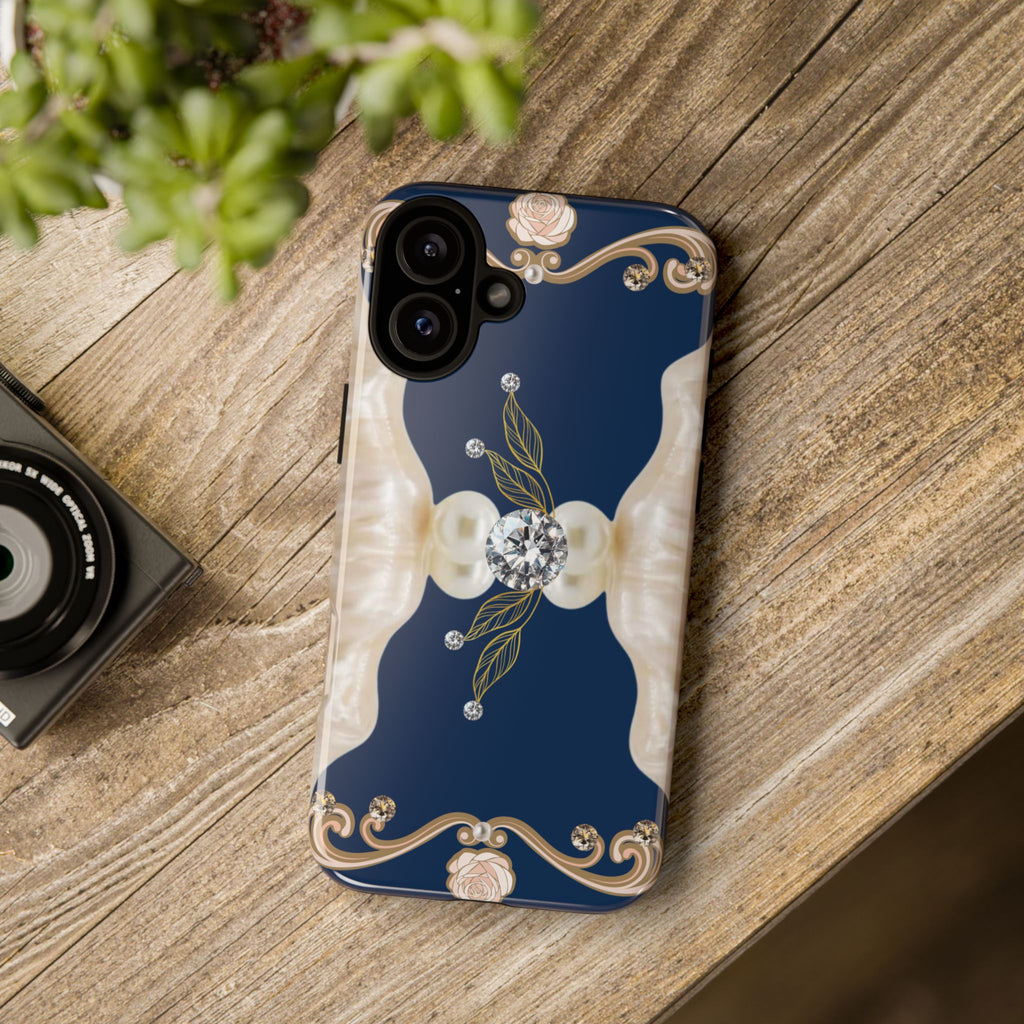 Navy Pearl & Diamond Phone Case — Elegant Floral Baroque Tough Case