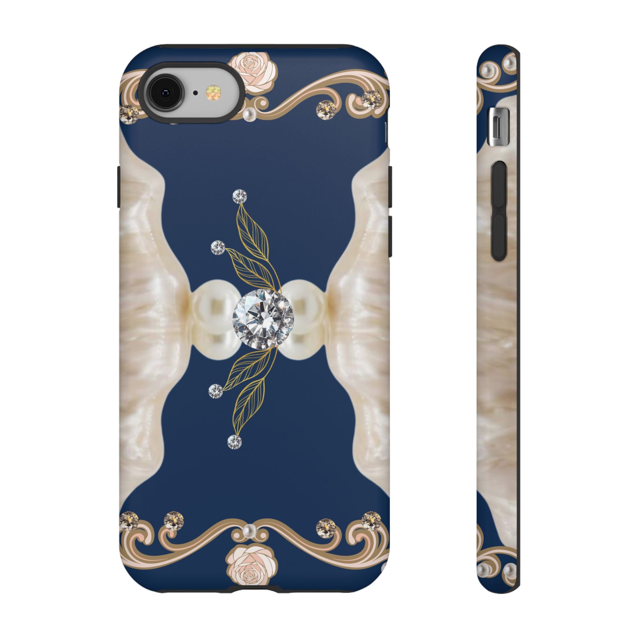 Navy Pearl & Diamond Phone Case — Elegant Floral Baroque Tough Case