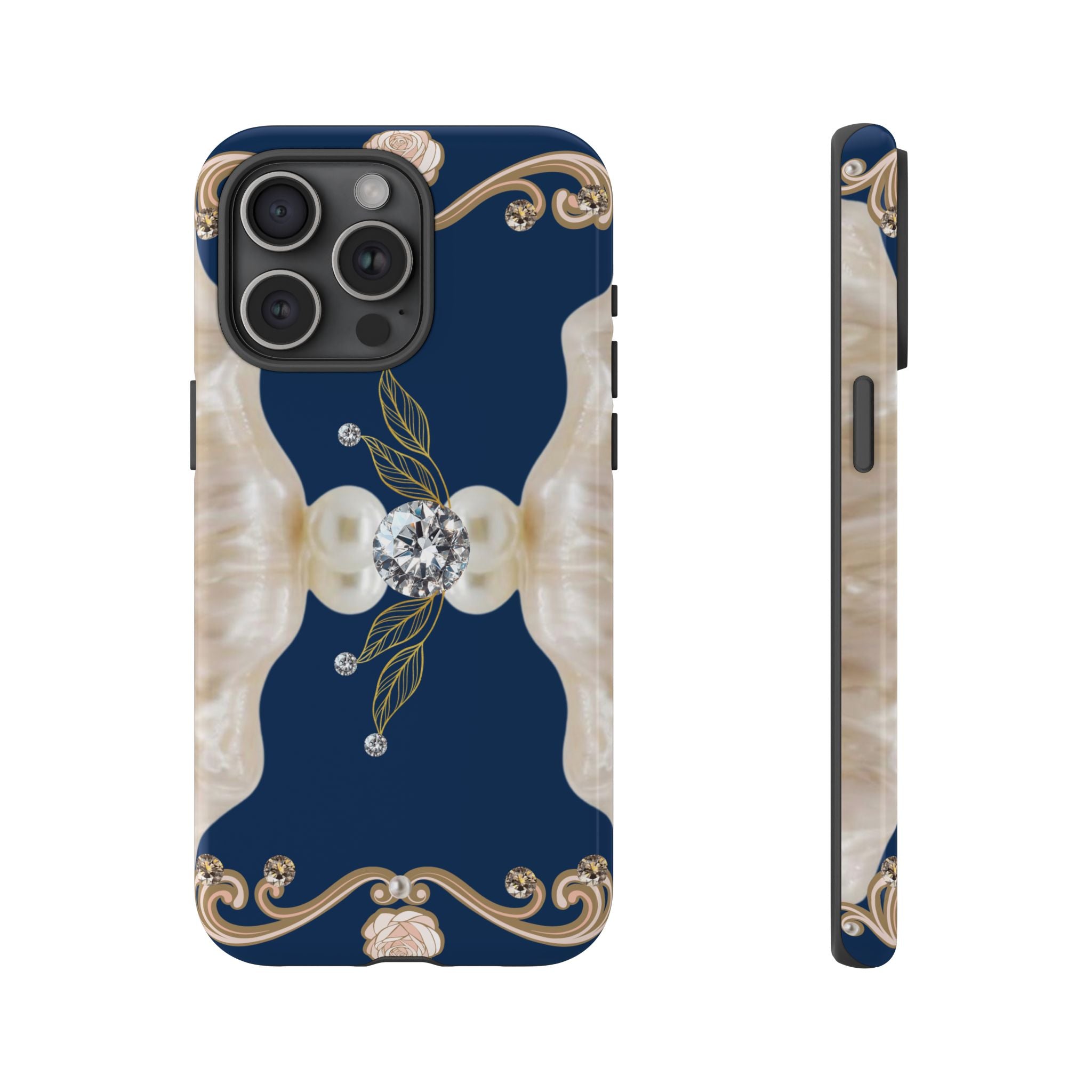 Navy Pearl & Diamond Phone Case — Elegant Floral Baroque Tough Case