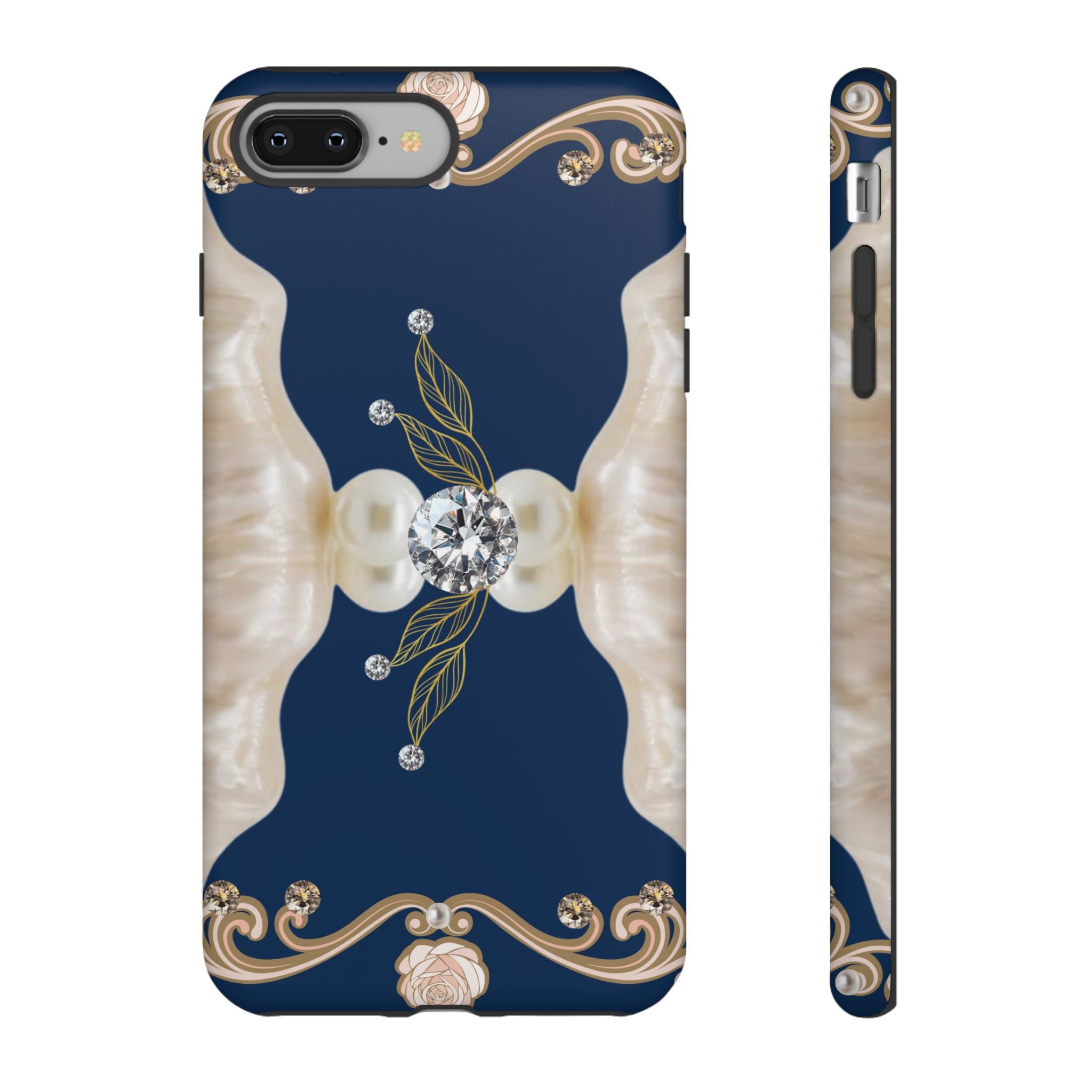 Navy Pearl & Diamond Phone Case — Elegant Floral Baroque Tough Case
