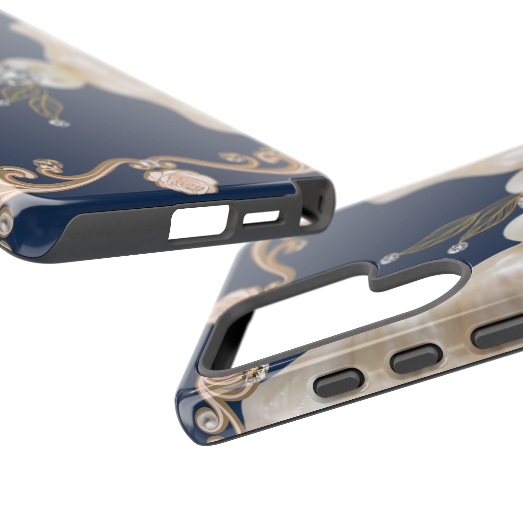 Navy Pearl & Diamond Phone Case — Elegant Floral Baroque Tough Case