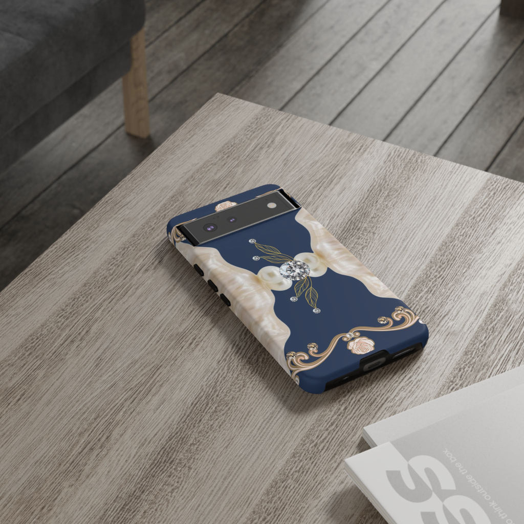 Navy Pearl & Diamond Phone Case — Elegant Floral Baroque Tough Case