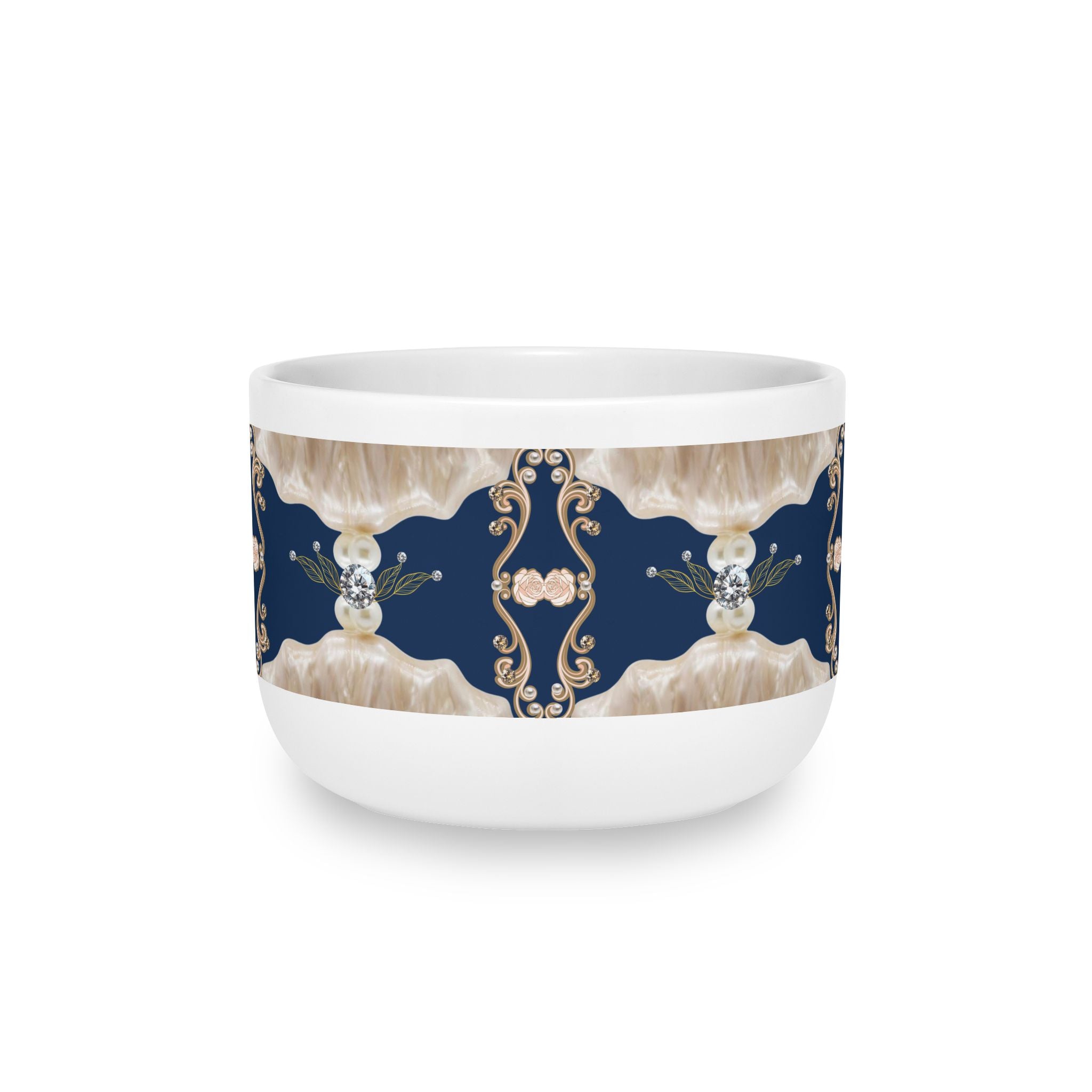 25oz Ceramic Latte Mug — Navy Floral Mandala on Blush