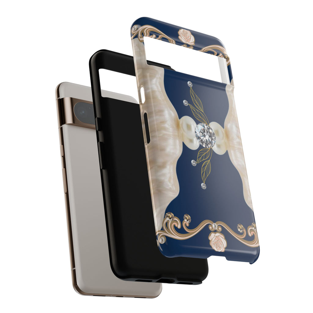 Navy Pearl & Diamond Phone Case — Elegant Floral Baroque Tough Case