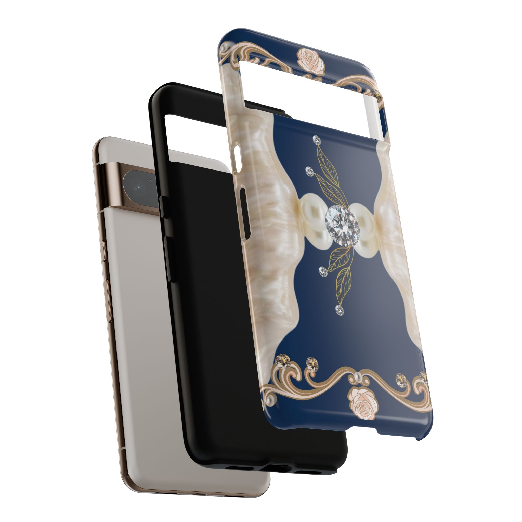 Navy Pearl & Diamond Phone Case — Elegant Floral Baroque Tough Case