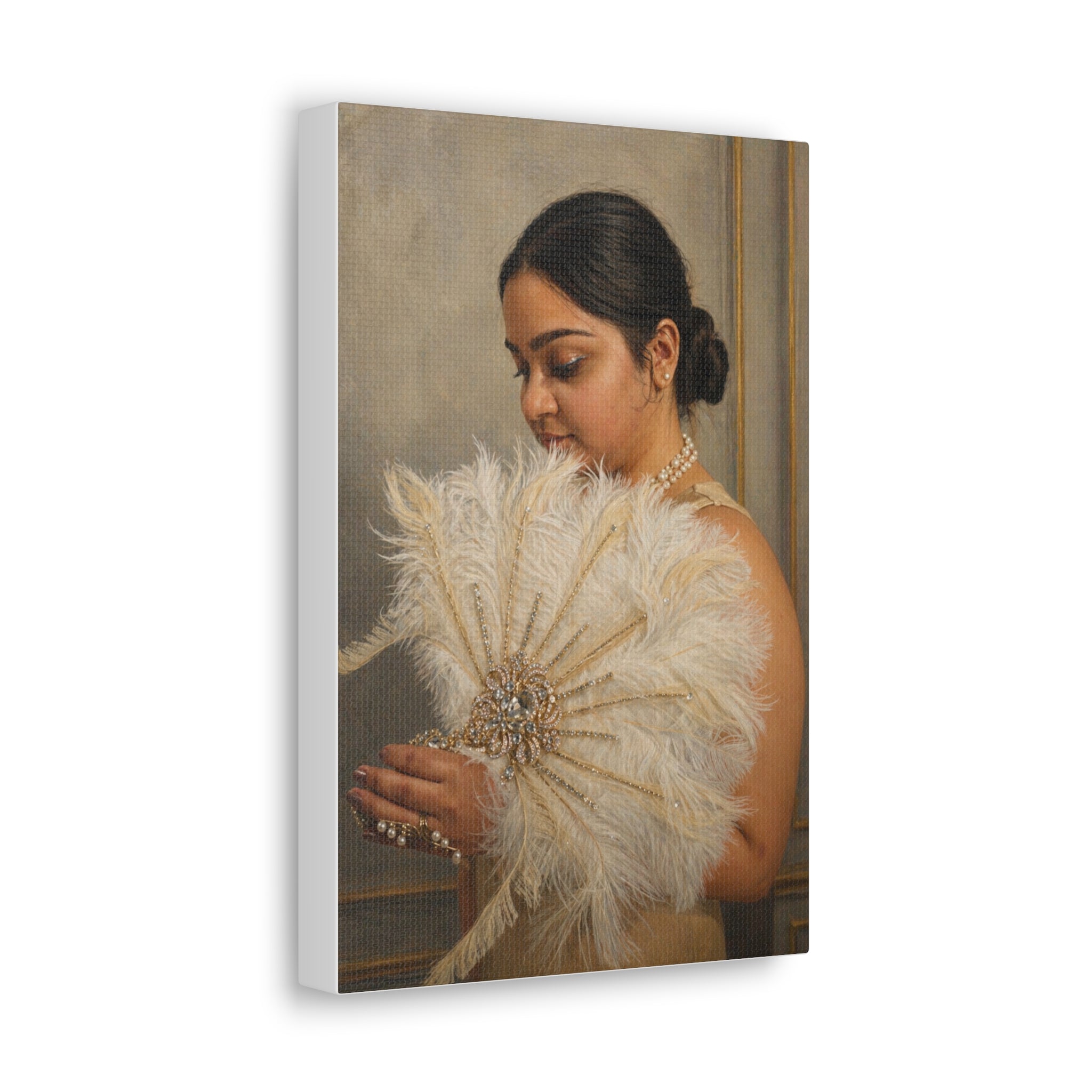 Classic Canvas Portrait Art Print — Elegant Woman with Feather Fan Canvas