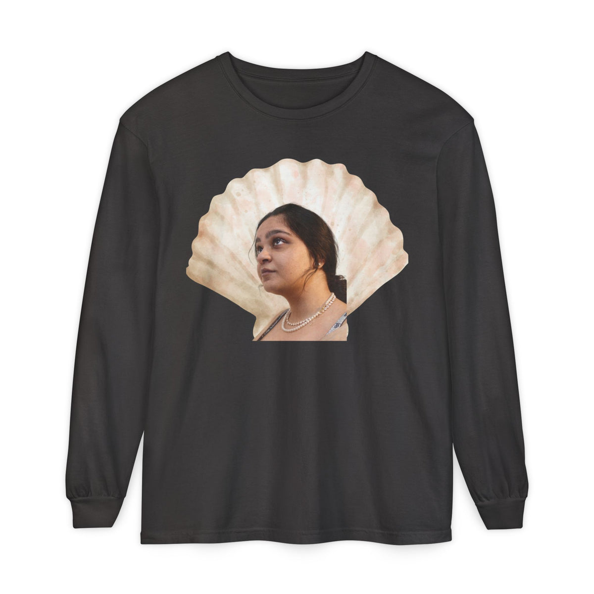 Drashti Shell Portrait Long Sleeve Tee — “We Will Be Home” Back Script
