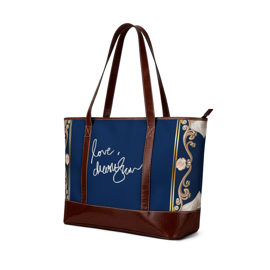 Vintage Cherub Tote Handbag — 'Love, [Signature]' Navy Baroque Shoulder Bag