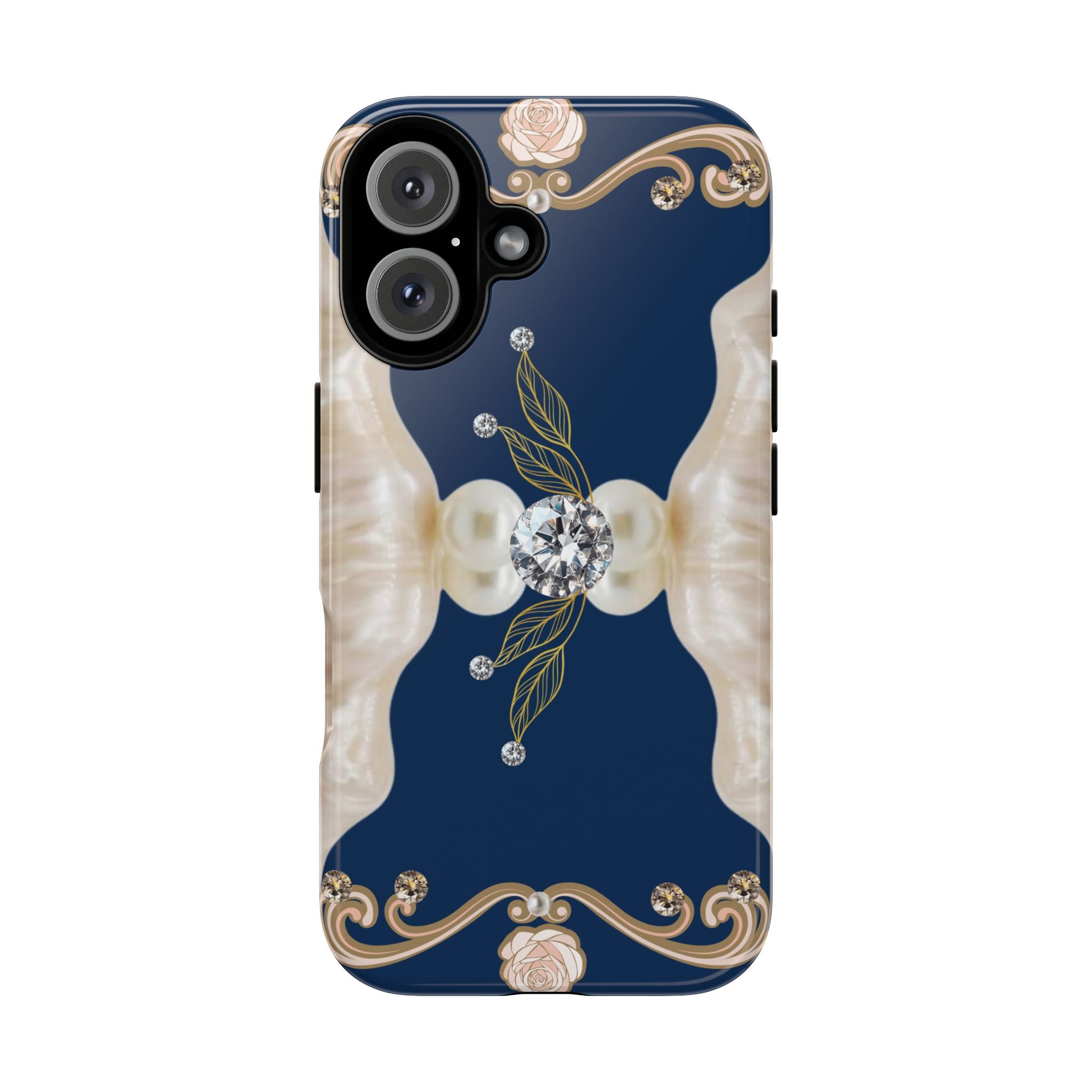Navy Pearl & Diamond Phone Case — Elegant Floral Baroque Tough Case