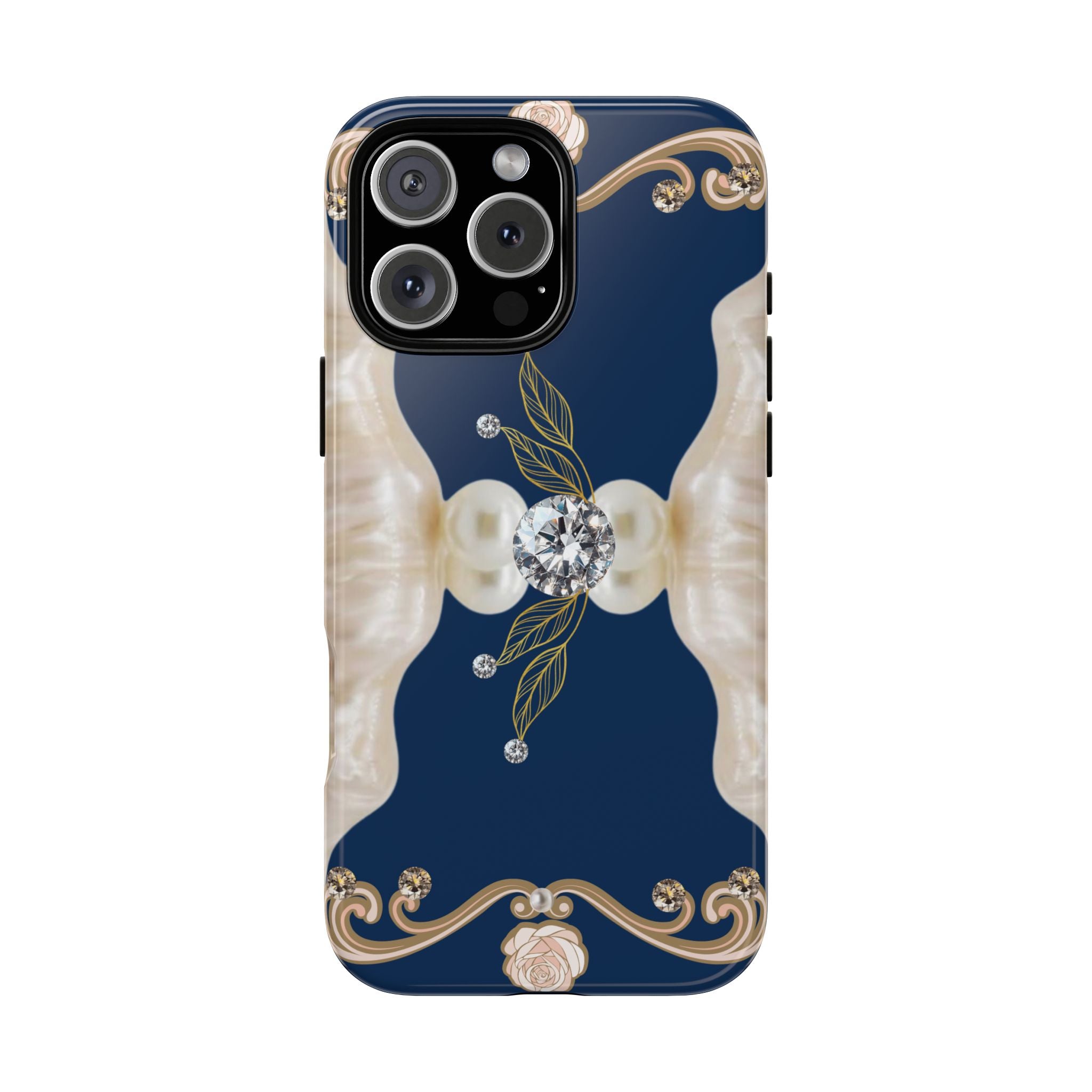 Navy Pearl & Diamond Phone Case — Elegant Floral Baroque Tough Case